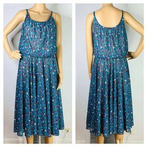 Vtg 70s Blue Floral Midi Sun Dress Made in USA Sheer Spaghetti Straps